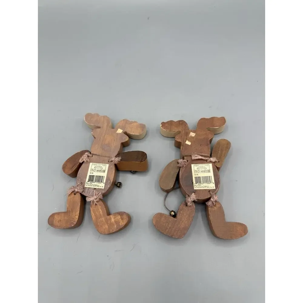 From the Heart Knotty Mooshan Jointed Wooden Moose Ornaments Set of 2 Vintage